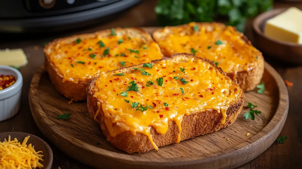 Air fryer cheese toast with golden, crispy bread and melted cheddar cheese, garnished with parsley and chili flakes, served on a wooden plate.