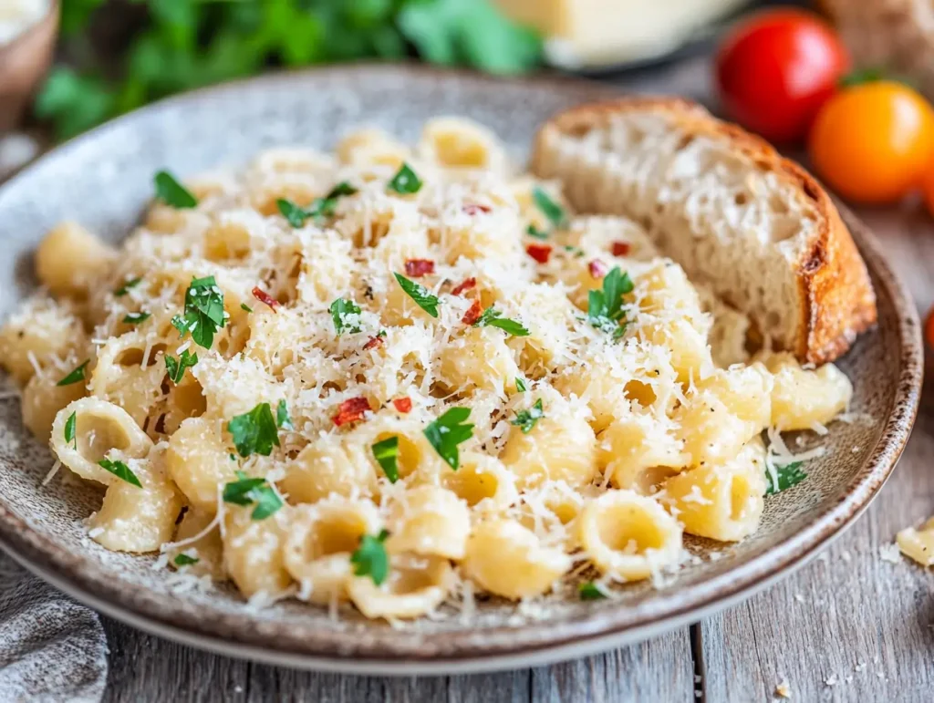 A rustic plate of ditalini pasta served with a light garlic butter sauce