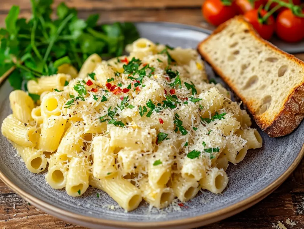 A rustic plate of ditalini pasta served with a light garlic butter sauce