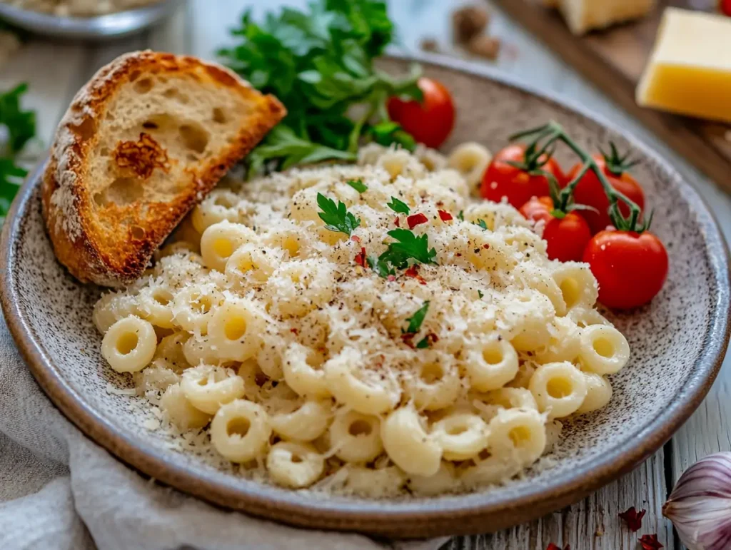A rustic plate of ditalini pasta served with a light garlic butter sauce
