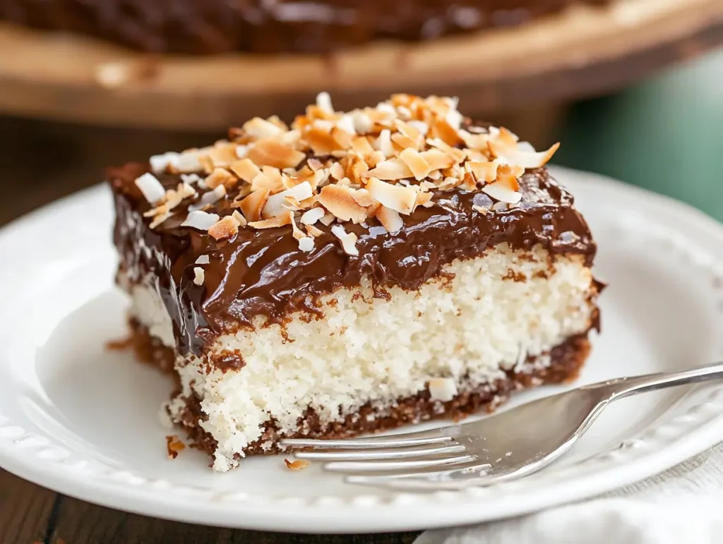 A single slice of Mounds Bar Cake on a white dessert plate with a fork beside it