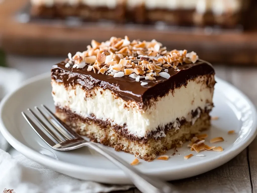 A single slice of Mounds Bar Cake on a white dessert plate with a fork beside it