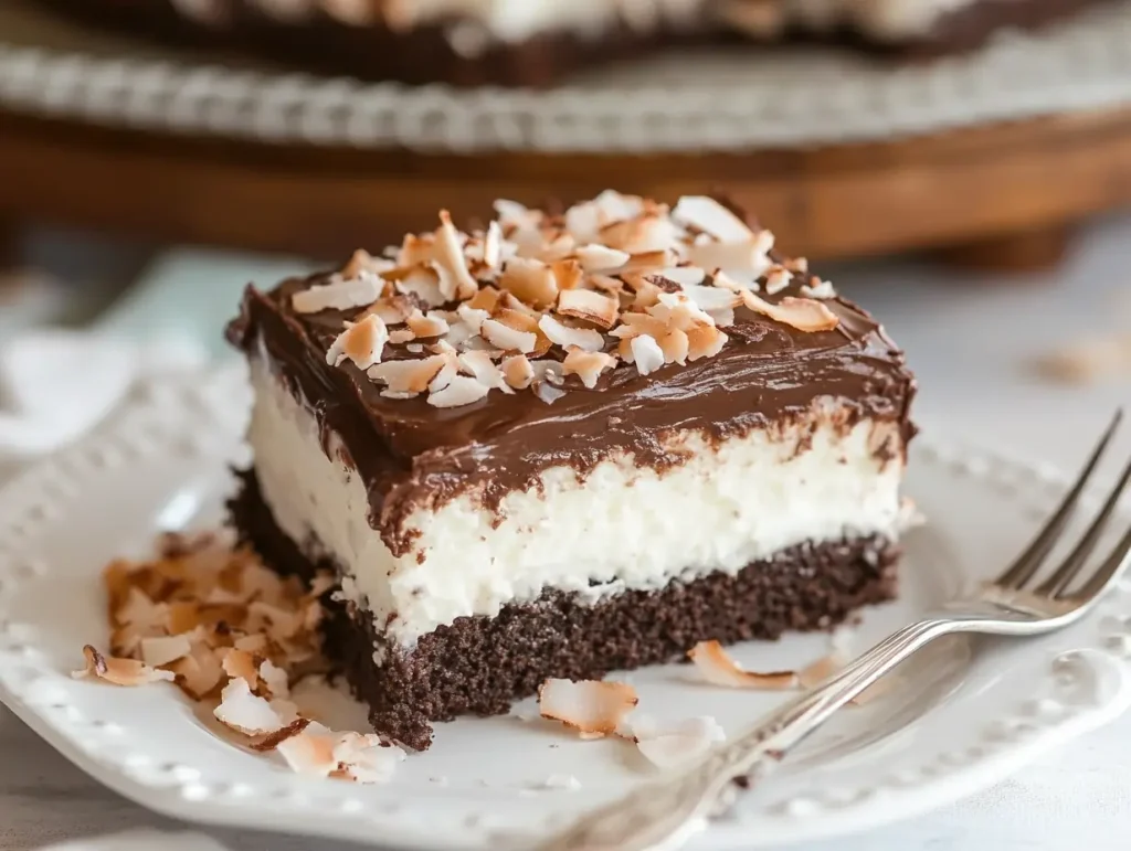 A single slice of Mounds Bar Cake on a white dessert plate with a fork beside it