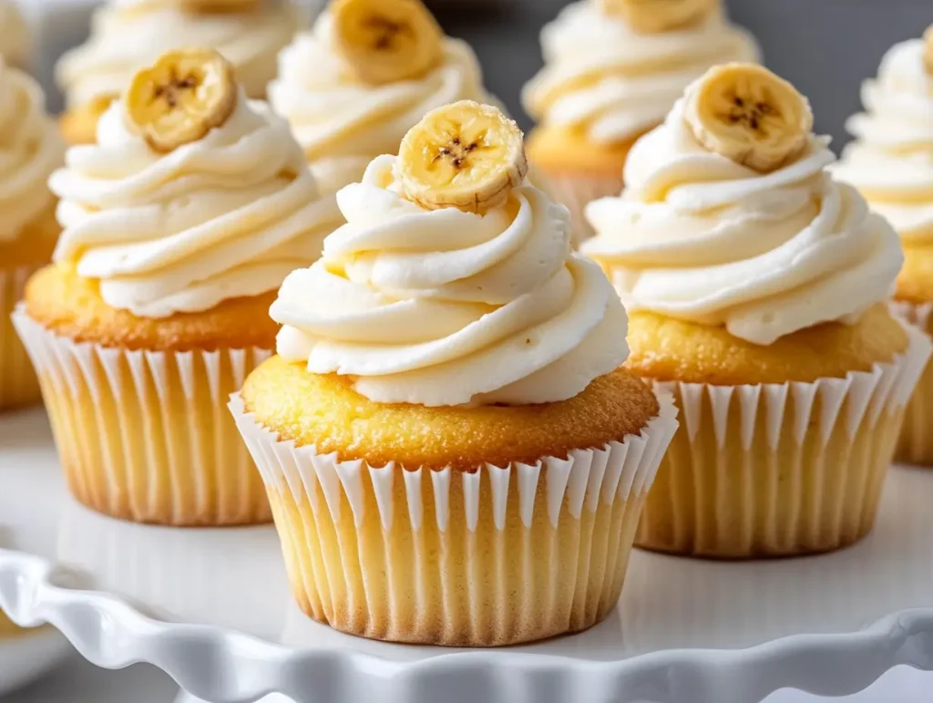 A tray of beautifully decorated Banana Cream Pie Cupcakes