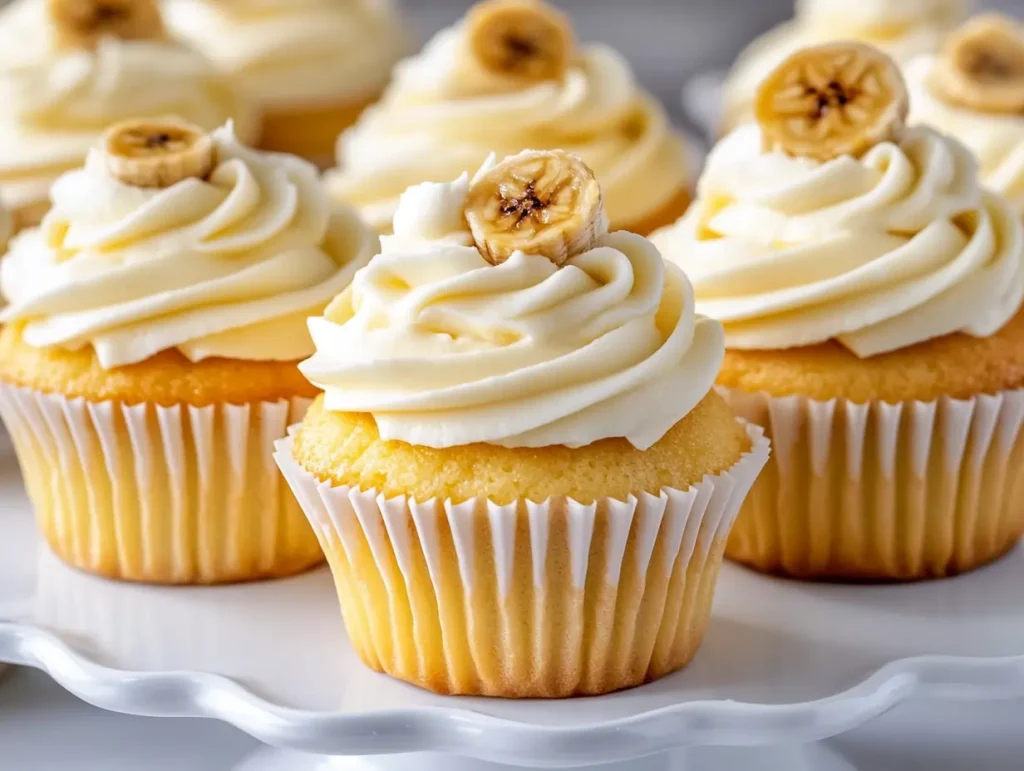 A tray of beautifully decorated Banana Cream Pie Cupcakes,