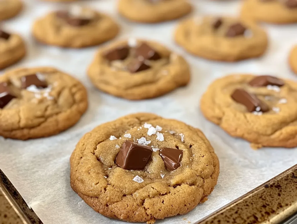 A tray of freshly baked brown butter peanut butter cookies