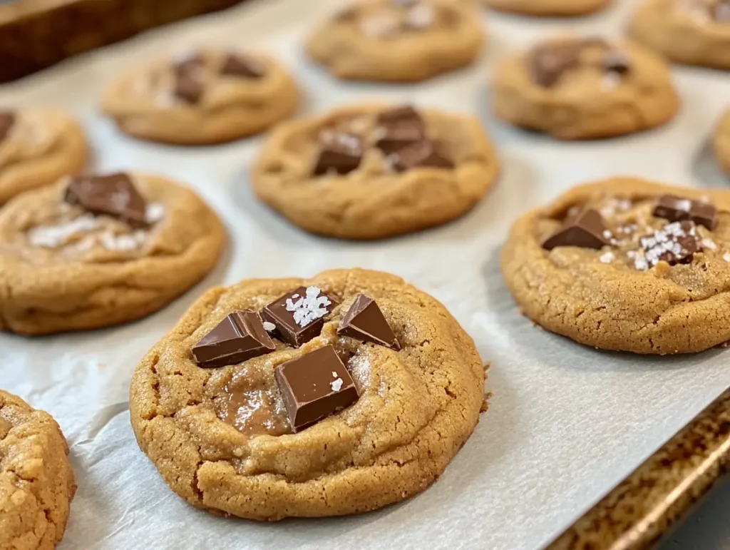 A tray of freshly baked brown butter peanut butter cookies