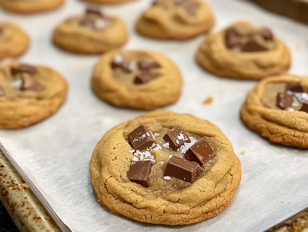 A tray of freshly baked brown butter peanut butter cookies