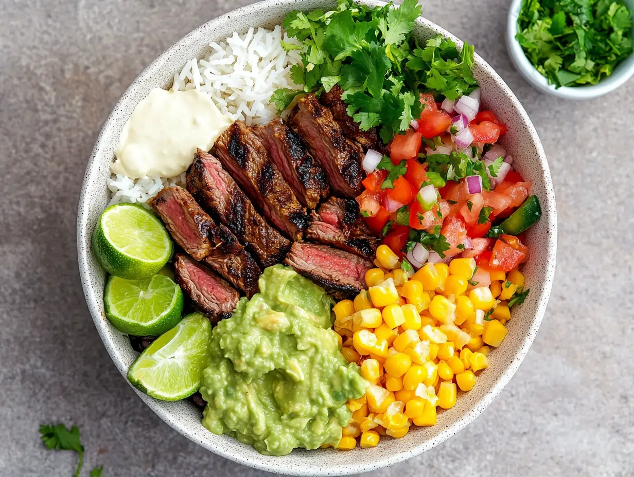 Assembled chipotle steak bowl with rice, black beans, corn salsa, and a wedge of lime on the side.