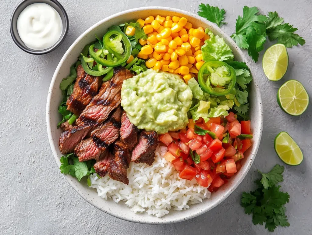 Assembled chipotle steak bowl with rice, black beans, corn salsa, and a wedge of lime on the side.