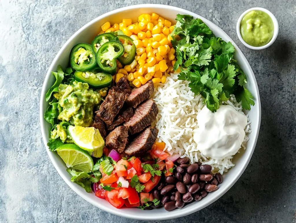 Assembled chipotle steak bowl with rice, black beans, corn salsa, and a wedge of lime on the side.