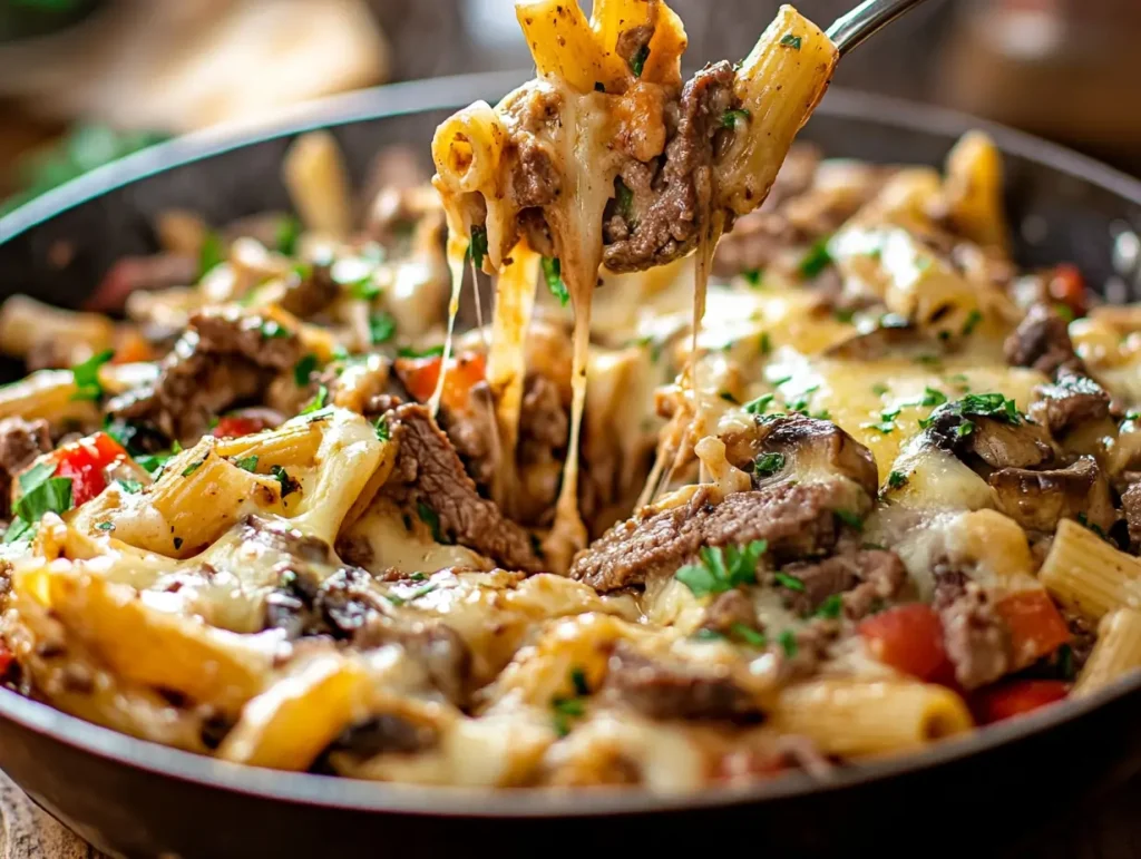 Homemade Philly Cheesesteak Pasta in a skillet, featuring creamy cheese sauce, tender beef, peppers, onions, and mushrooms, with a spoon lifting a cheesy portion.