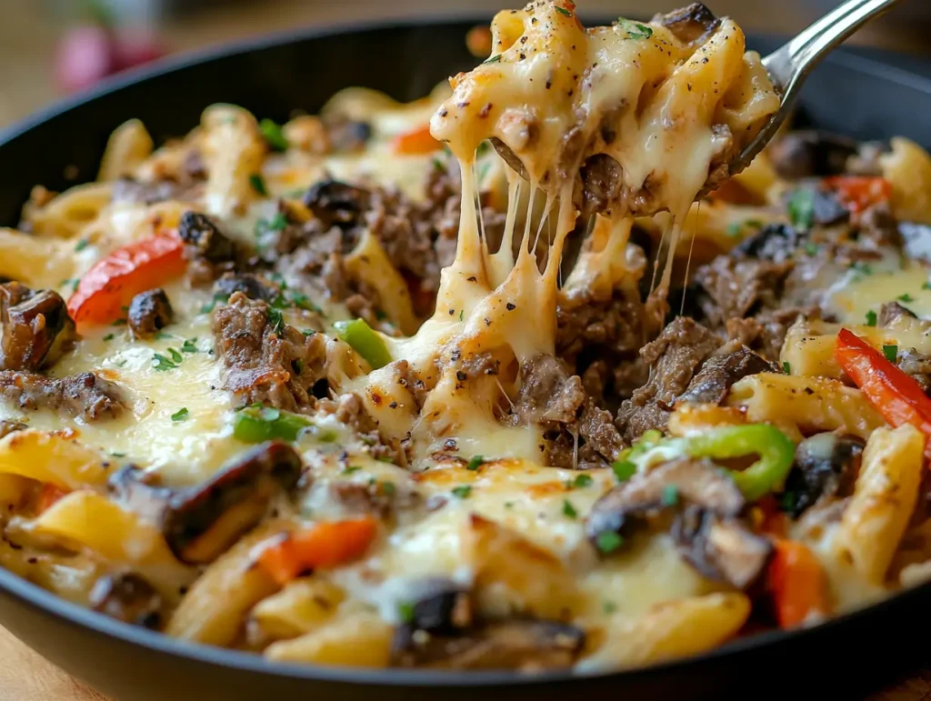 Creamy Philly Cheesesteak Pasta served in a pan, loaded with beef, bell peppers, onions, mushrooms, and gooey cheese, ready to serve