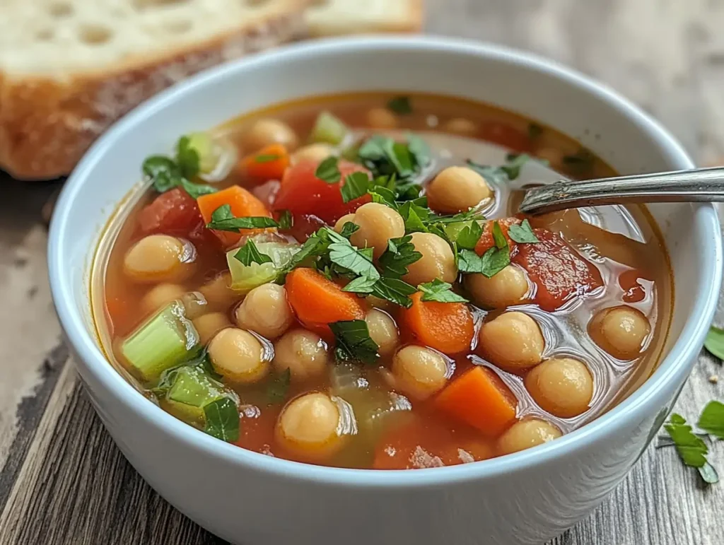 Joan Nathan Chickpea Soup in a white bowl