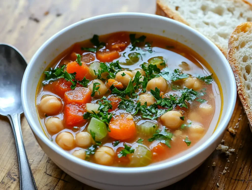 Joan Nathan Chickpea Soup in a white bowl