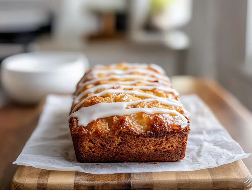 Freshly baked Country Apple Fritter Bread on a wooden board, topped with a glossy white glaze drizzle, resting on parchment paper with a cozy kitchen background