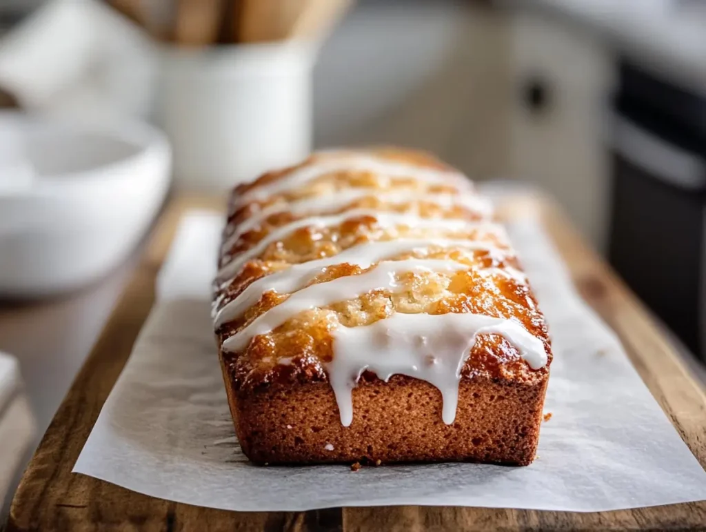 Close-up of Country Apple Fritter Bread on parchment paper, topped with a white glaze drizzle, displayed on a rustic wooden board with a blurred kitchen background