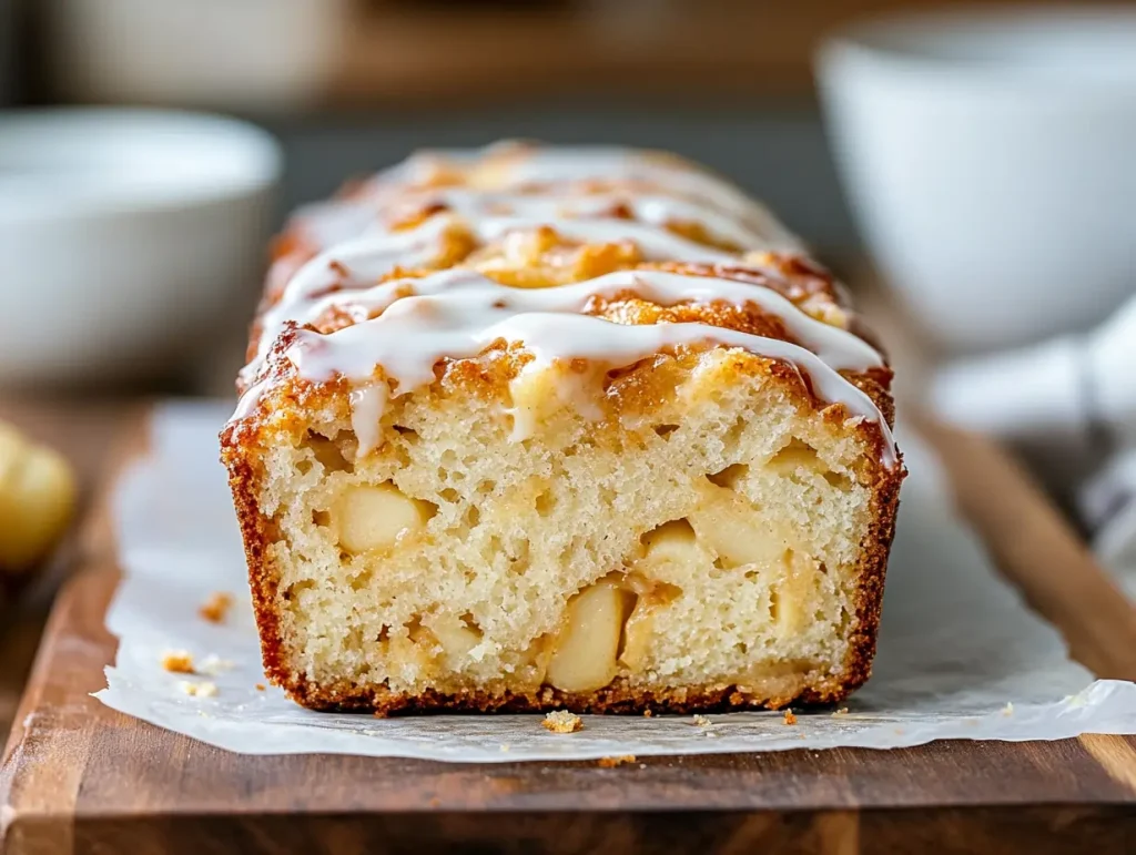 Close-up of sliced Country Apple Fritter Bread on a wooden board, showing a moist interior with chunks of baked apples, topped with a shiny white glaze drizzle