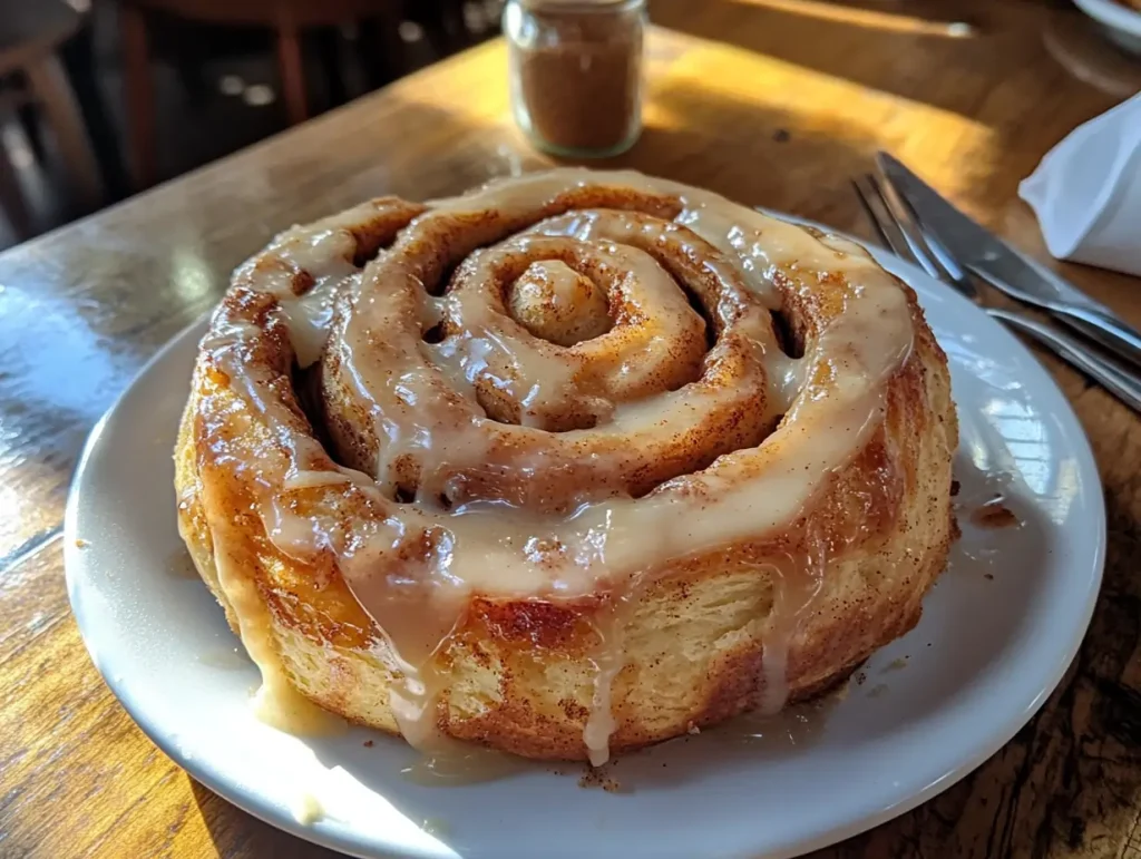 Top view of a homemade Big Texas Cinnamon Roll with gooey cinnamon swirls and a glossy glaze