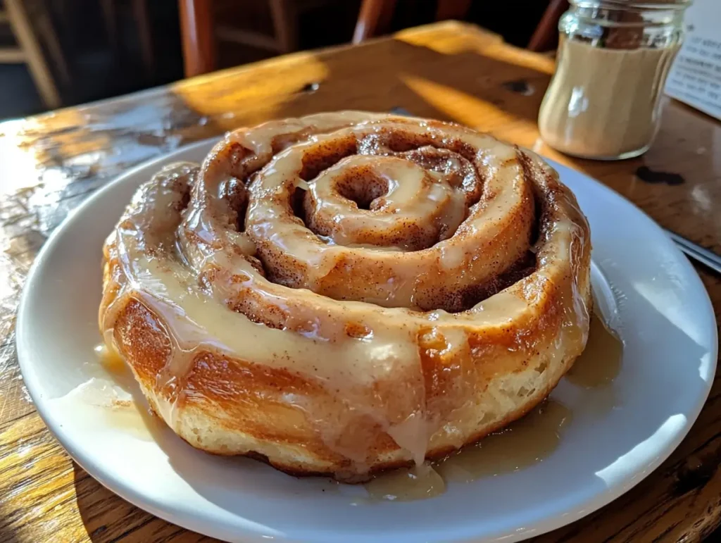 Side view of a Big Texas Cinnamon Roll showing the thick, soft layers and melting glaze