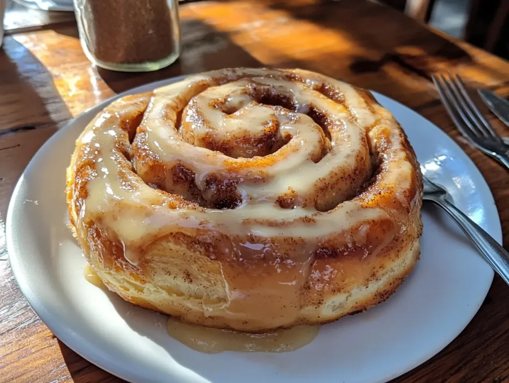 Big Texas Cinnamon Roll served with a fork on a rustic wooden table.
