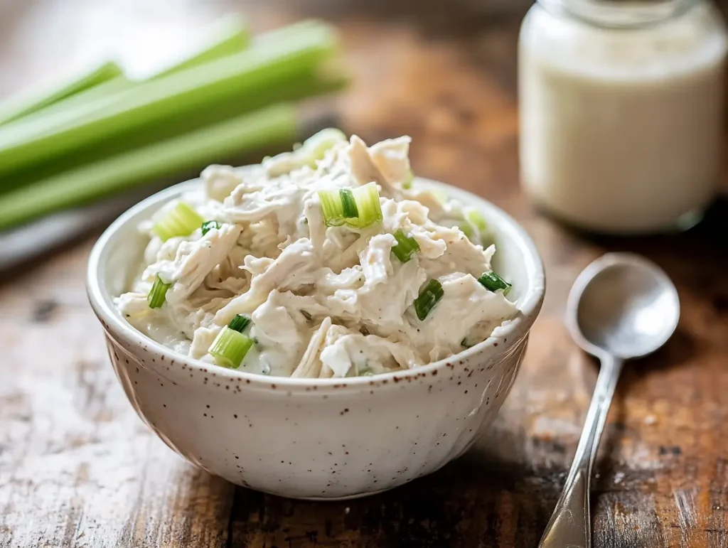 Homemade 4-Ingredient Chicken Salad in a white bowl with shredded chicken, creamy dressing, and chopped celery, placed on a rustic wooden counter with a spoon and celery sticks in the background