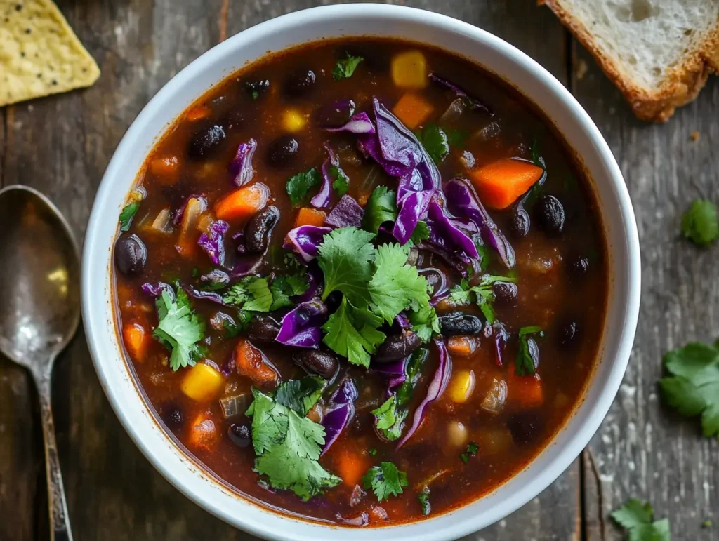 photo of a vibrant purple black bean soup served in a simple white bowl.