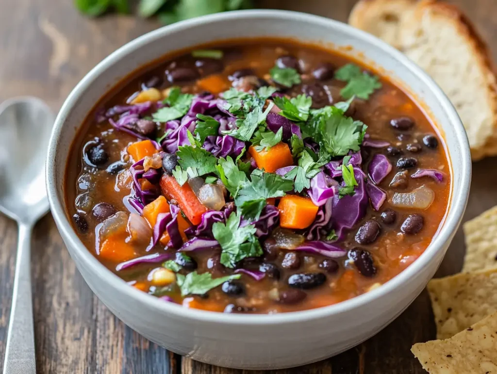 photo of a vibrant purple black bean soup served in a simple white bowl.