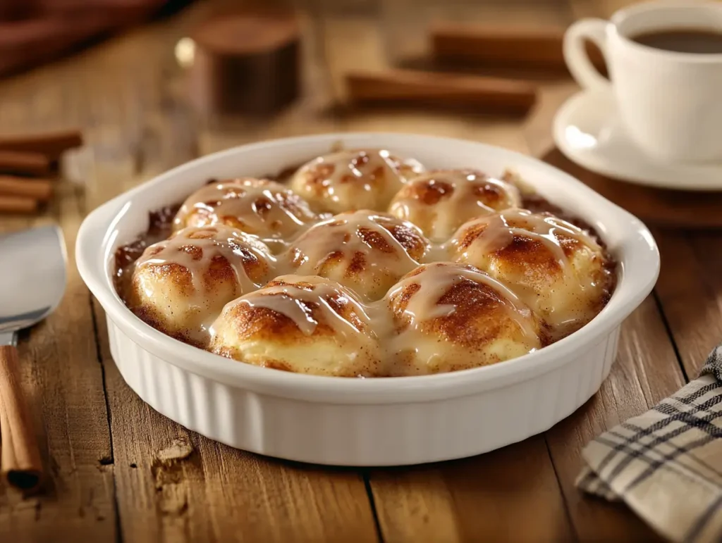 Freshly baked Rhodes Cinnamon Rolls in a white dish with golden brown tops and drizzled glaze, placed on a rustic wooden table with a cup of coffee and cinnamon sticks nearby.