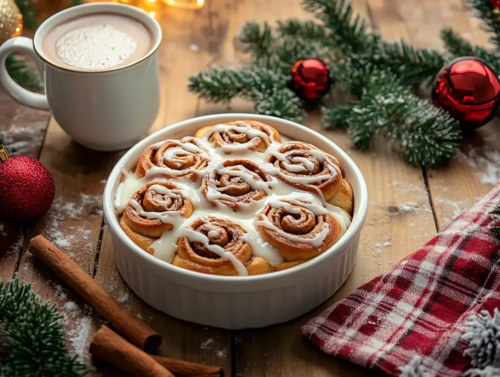 Homemade cinnamon rolls topped with drizzled glaze in a white baking dish, surrounded by festive holiday decorations and a steaming mug of hot cocoa on a rustic wooden table.