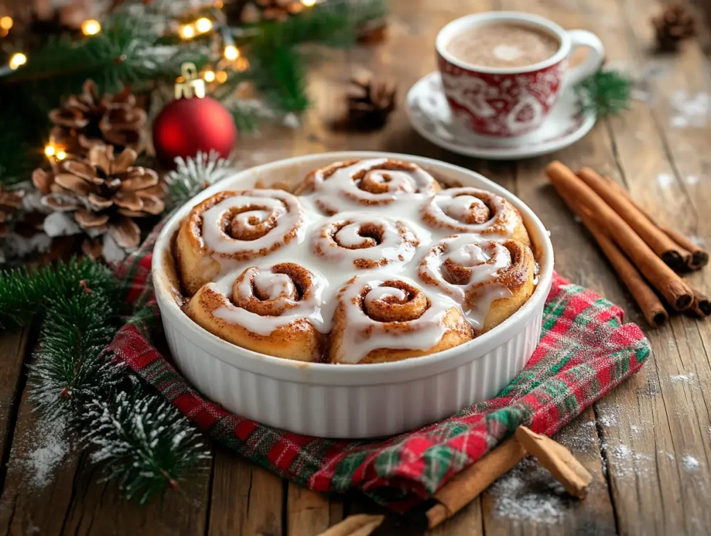 Freshly baked cinnamon rolls with a cozy Christmas vibe, featuring cinnamon sticks, pine sprigs, and red and green holiday accents on a plaid napkin