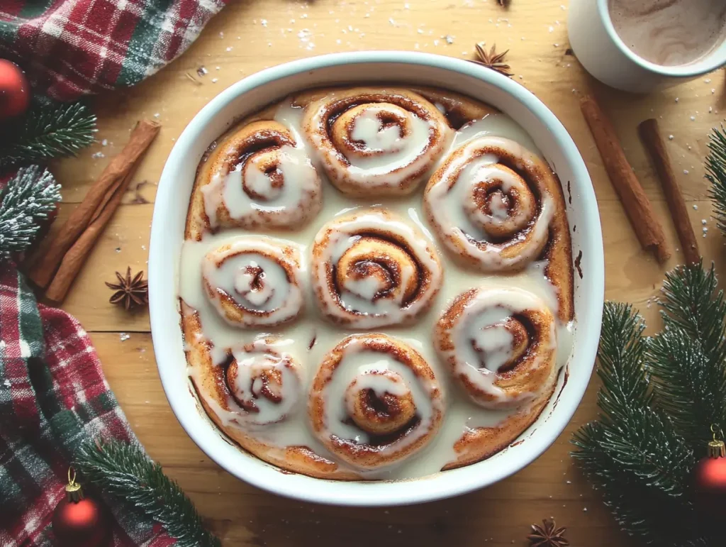 Imperfect homemade cinnamon rolls with glaze, placed on a rustic table with holiday decorations, a frosted window, and warm natural light in the background