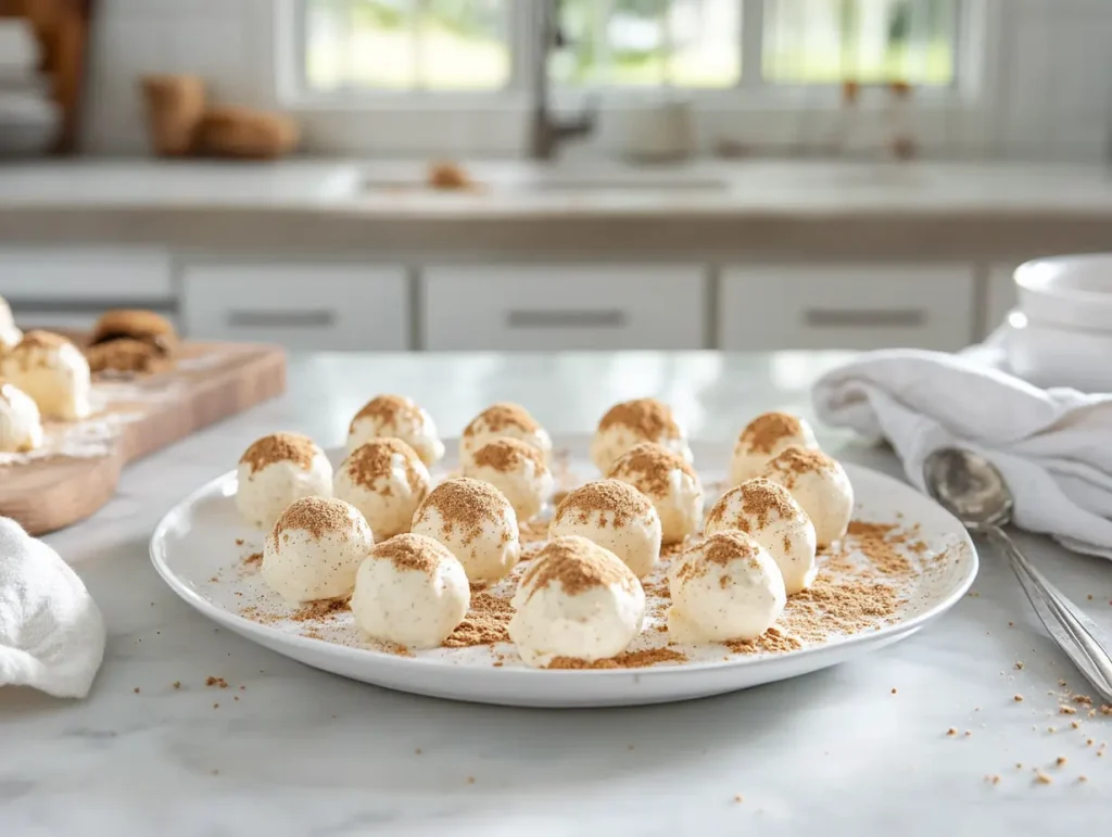 No bake pumpkin cheesecake balls coated in graham cracker crumbs, arranged on a white plate with a bright, casual kitchen in the background