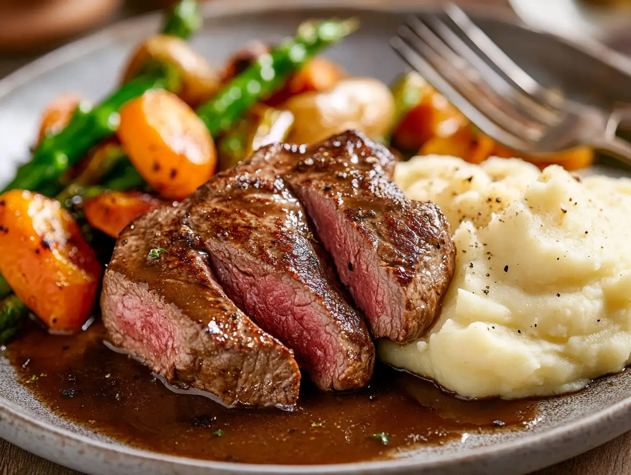 Tender venison cubed steak drizzled with thick homemade gravy, garnished with fresh parsley and served alongside roasted vegetables