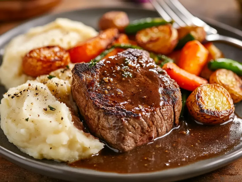 Tender venison cubed steak drizzled with thick homemade gravy, garnished with fresh parsley and served alongside roasted vegetables