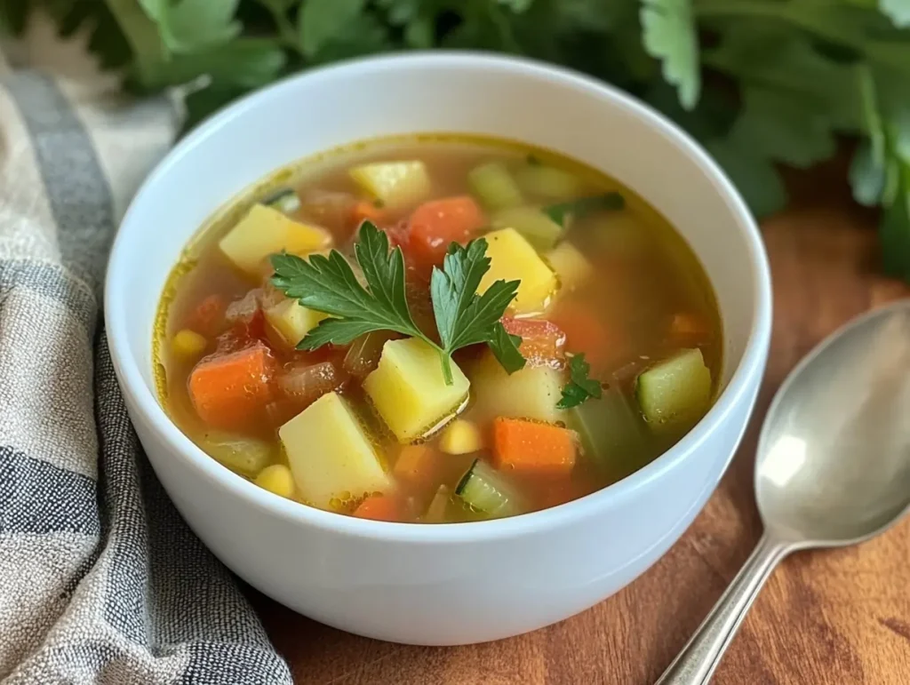 A bowl of hearty vegetable soup made with a rich broth from soup bones, featuring diced potatoes, carrots, zucchini, tomatoes, and corn, garnished with a parsley leaf, placed on a wooden surface with a spoon and a napkin nearby.