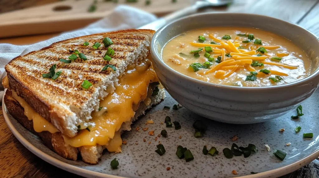 The ultimate pairing of the best sandwich for potato soup, featuring melted cheese and golden toasted bread with a creamy soup bowl.
