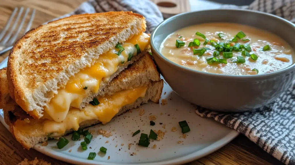 Crispy grilled cheese sandwich, the best sandwich for potato soup, served alongside a steaming bowl of potato soup topped with fresh chives.
