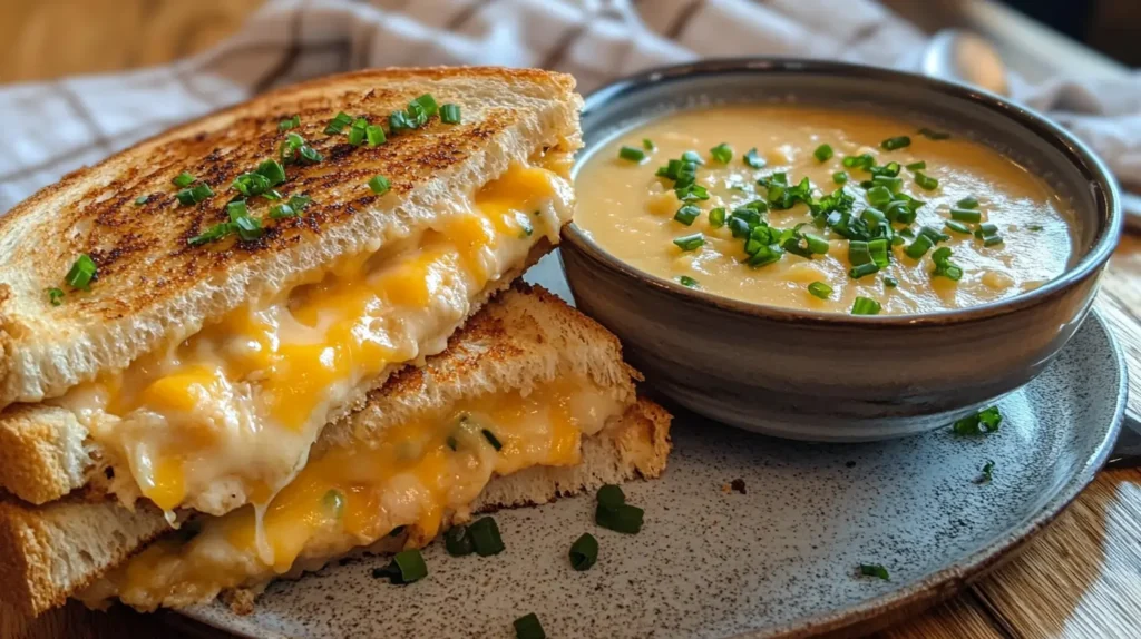 The best sandwich for potato soup: a golden grilled cheese with gooey cheddar, paired with a creamy potato soup garnished with green onions.