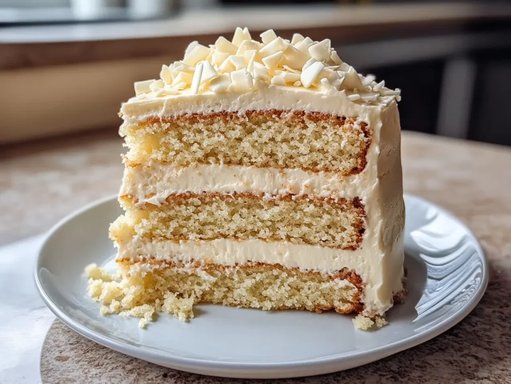 a slice of homemade white chocolate cake made with gluten-free ingredients