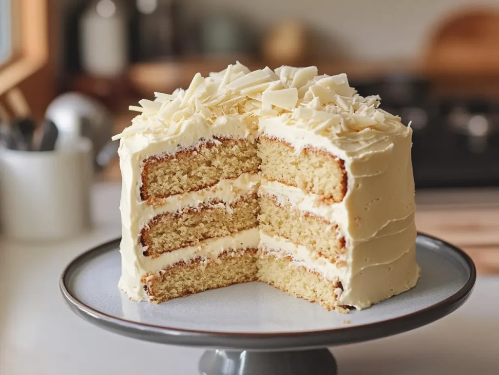 homemade white chocolate cake made with gluten-free ingredients