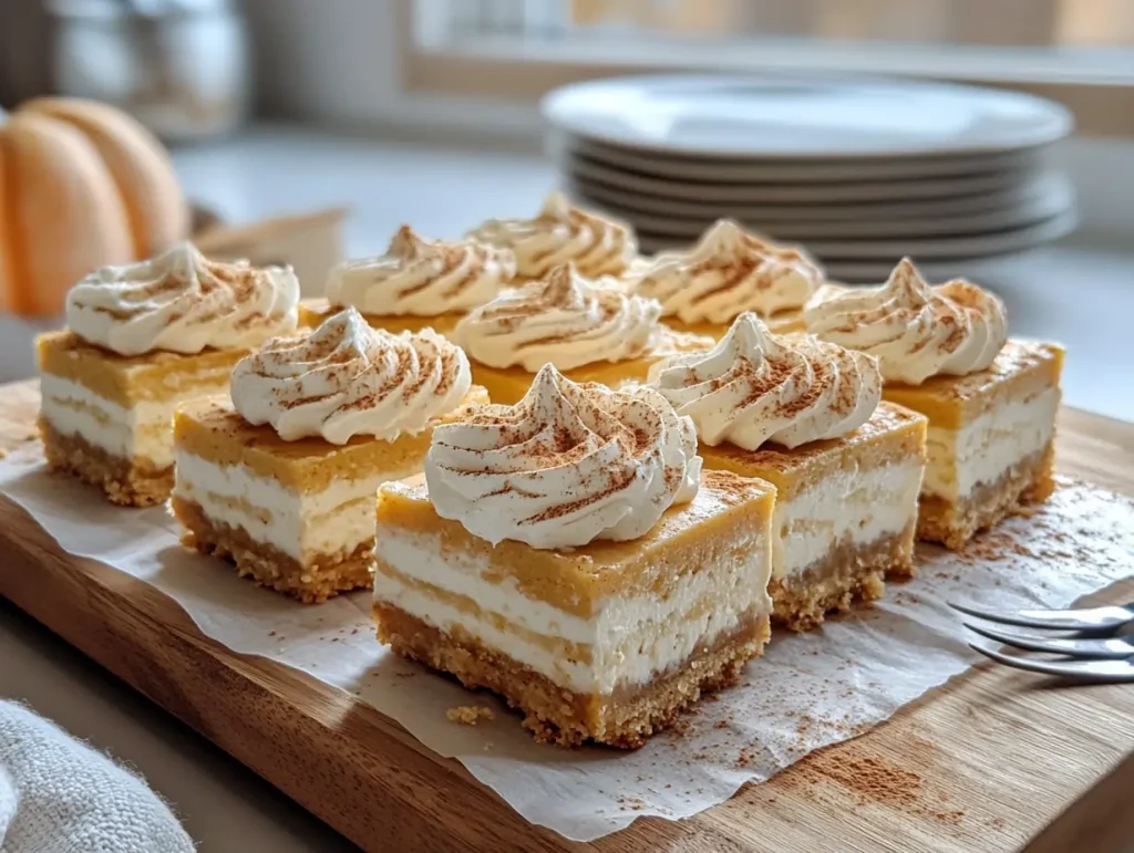 No bake pumpkin cheesecake bars arranged neatly on a rustic wooden board, featuring layers of crust, pumpkin filling, and decorative whipped cream