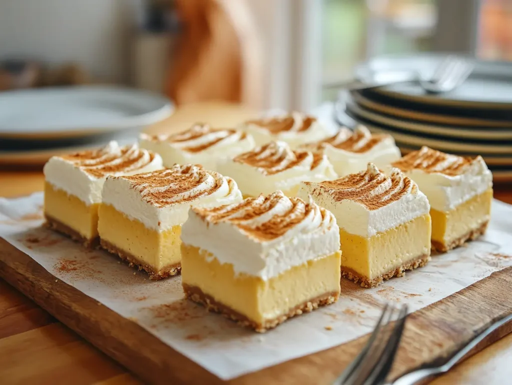 Close-up of creamy pumpkin cheesecake bars with a graham cracker crust, whipped topping, and cinnamon, set in a cozy fall kitchen scene with autumn decorations.