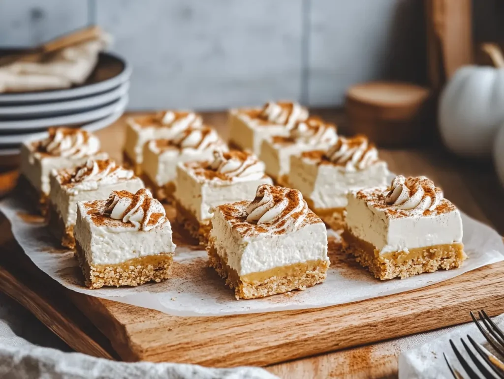 Sliced no bake pumpkin cheesecake bars on a parchment-lined wooden board, topped with piped whipped cream and dusted with cinnamon, with small pumpkins and plates in the background