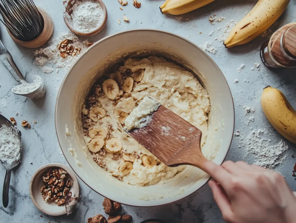 A mixing bowl with banana bread batter being stirred by hand, surrounded by ingredients and utensils on a kitchen counter.
