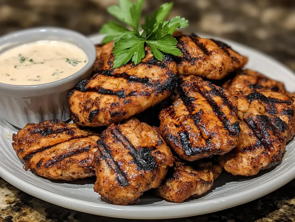 A plate of grilled chicken nuggets served with a creamy dipping sauce and garnished with fresh parsley.