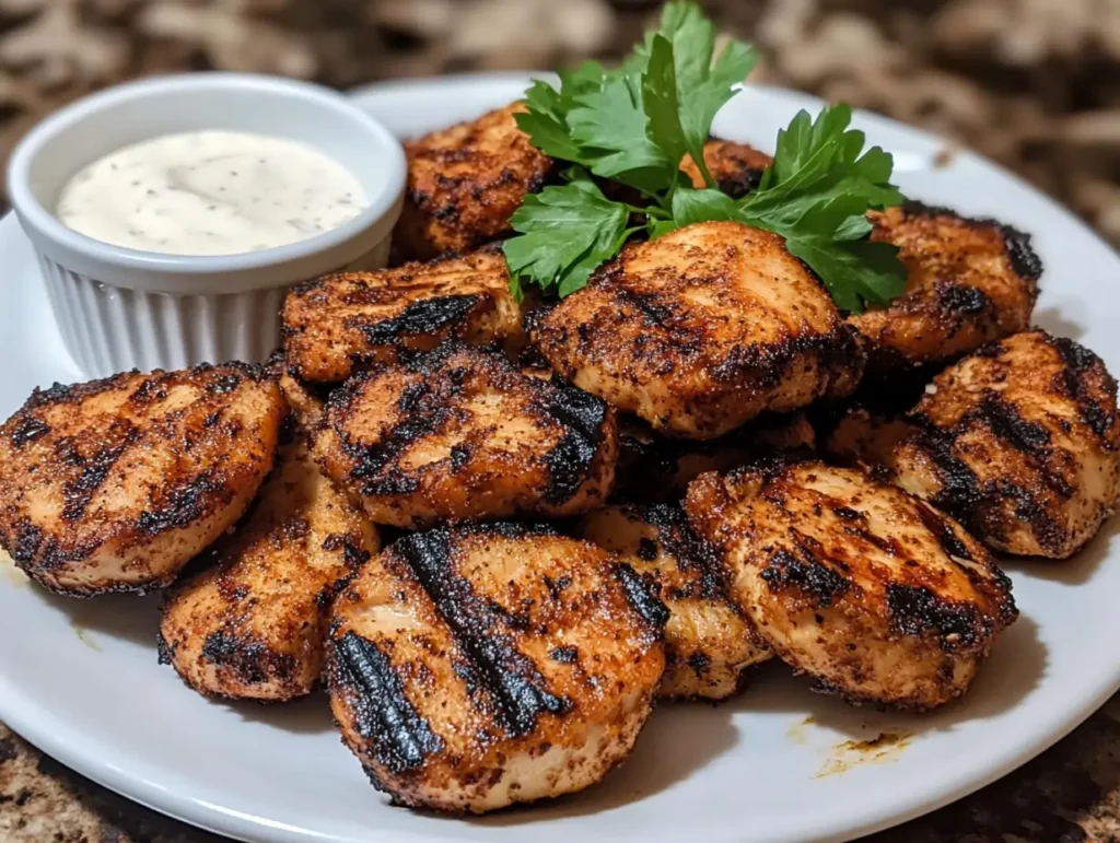 Delicious grilled chicken nuggets with bold grill marks, paired with a tangy dipping sauce.