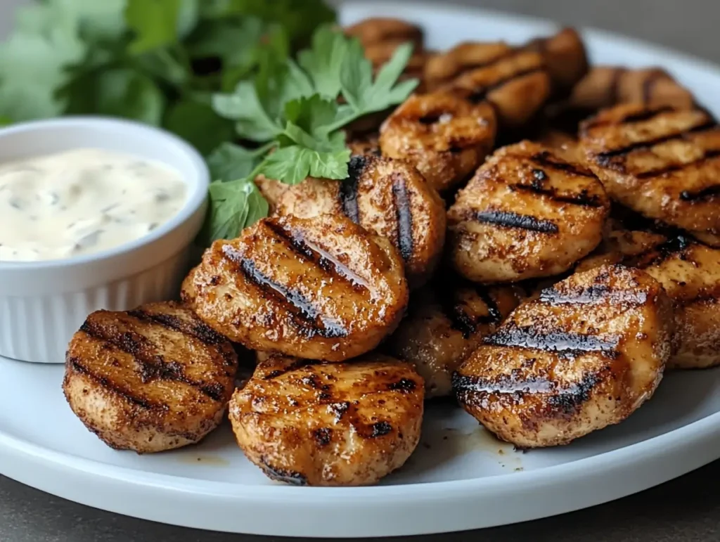Juicy and perfectly charred grilled chicken nuggets, presented on a white plate alongside a creamy dip.