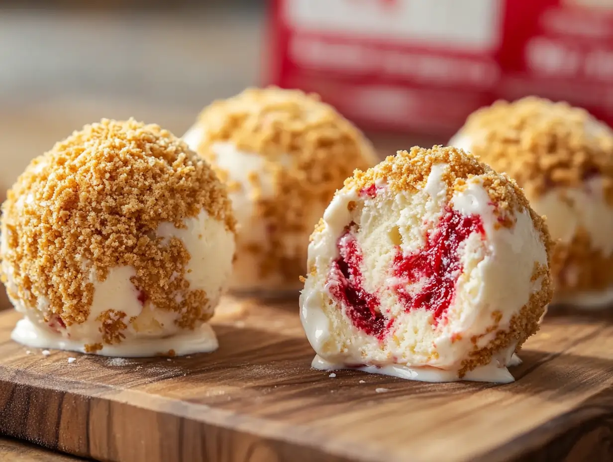 Close-up of cheesecake balls ice cream coated in crushed graham crackers with a creamy filling and a raspberry swirl, served on a wooden board