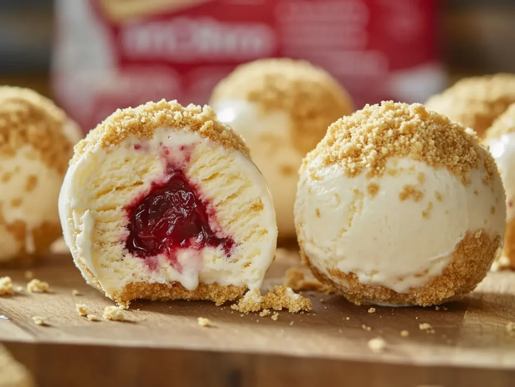 Cheesecake ice cream balls with a crunchy graham cracker coating and a visible raspberry center on a rustic wooden surface.